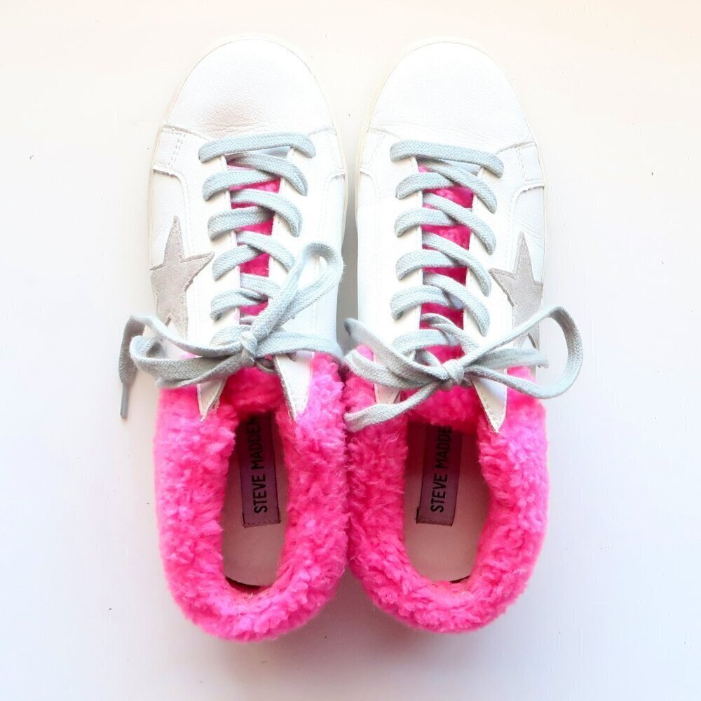 Steve Madden Polaris White Leather & Pink Sherpa Lace-up Star Sneakers Shoes 8 - Picture 7 of 16